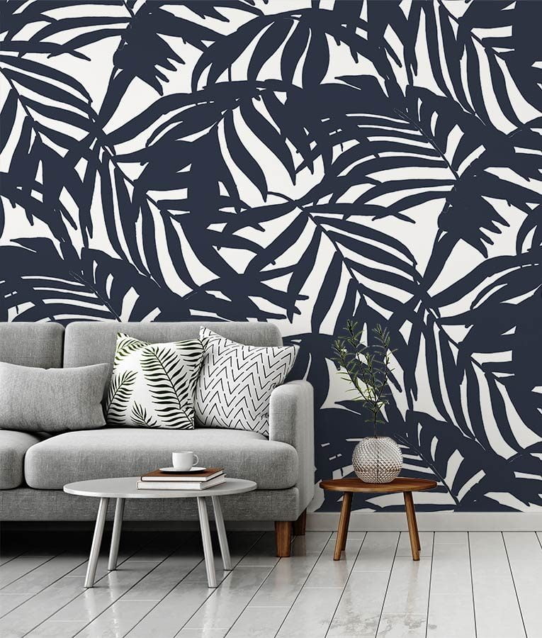 HD Walls wallcovering design: Cocora in Midnight Colorway - leafy palms pattern blue